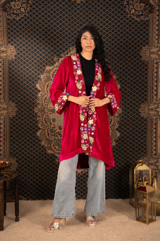Short Velvet Kaftan with Floral Design