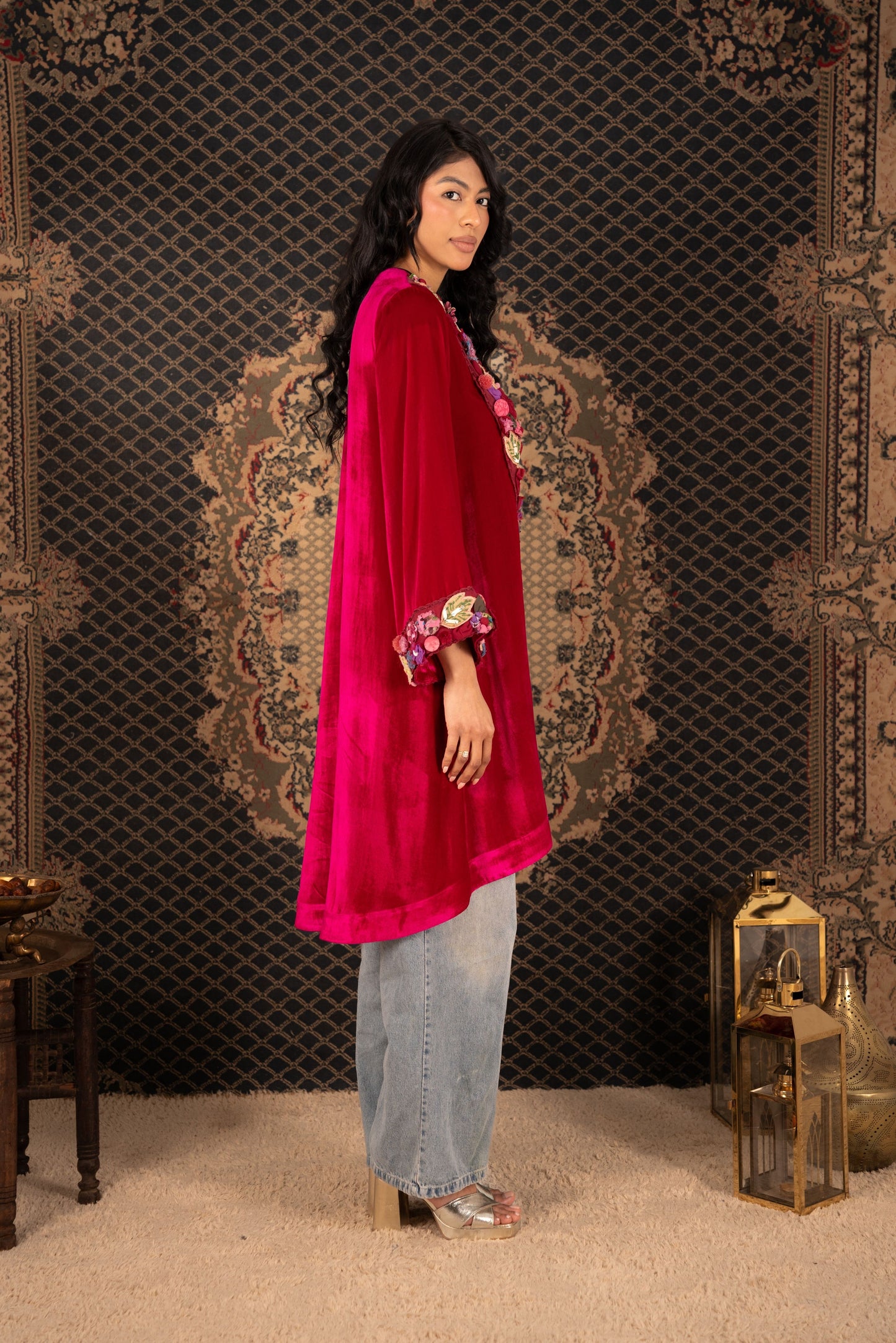 Short Velvet Kaftan with Floral Design