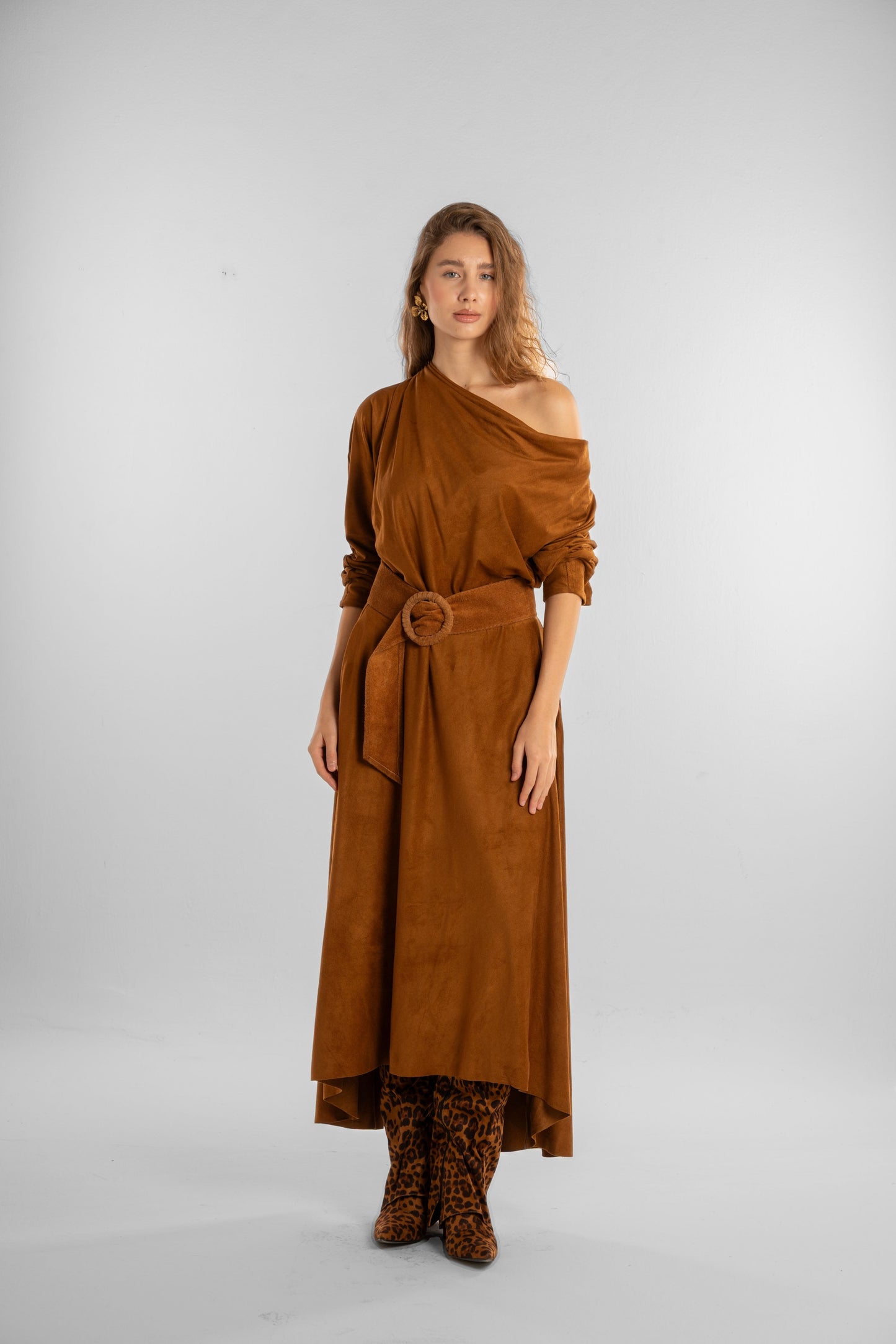 Brown Off-Shoulder Maxi Dress with Belt