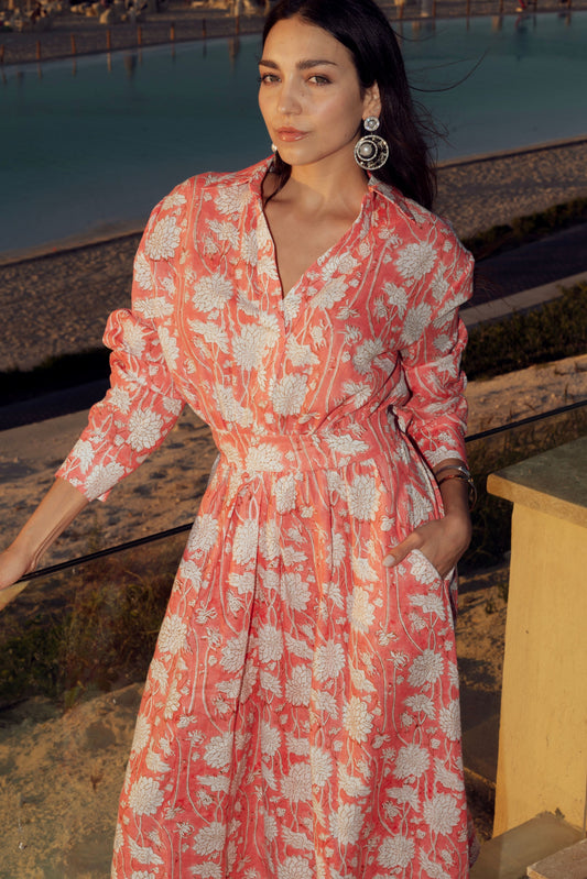 Floral Print Maxi Shirt Dress in Coral Pink.