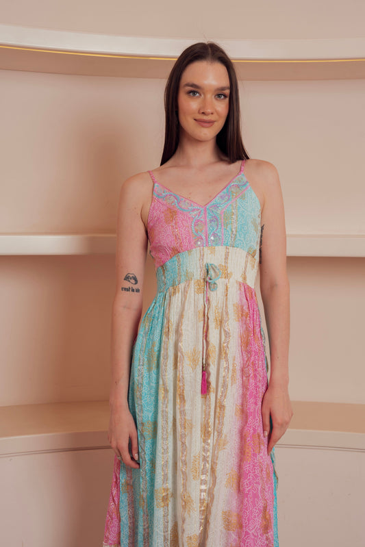 Colorful Patchwork Tiered Maxi Dress.