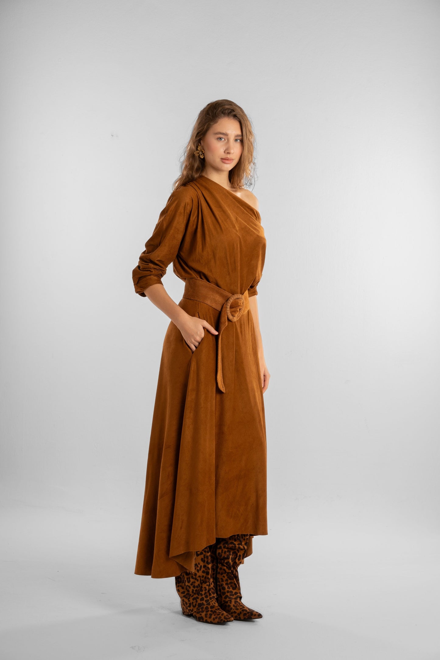 Brown Off-Shoulder Maxi Dress with Belt