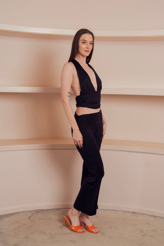 Black Plunging Halter Crop Top & Pants Set