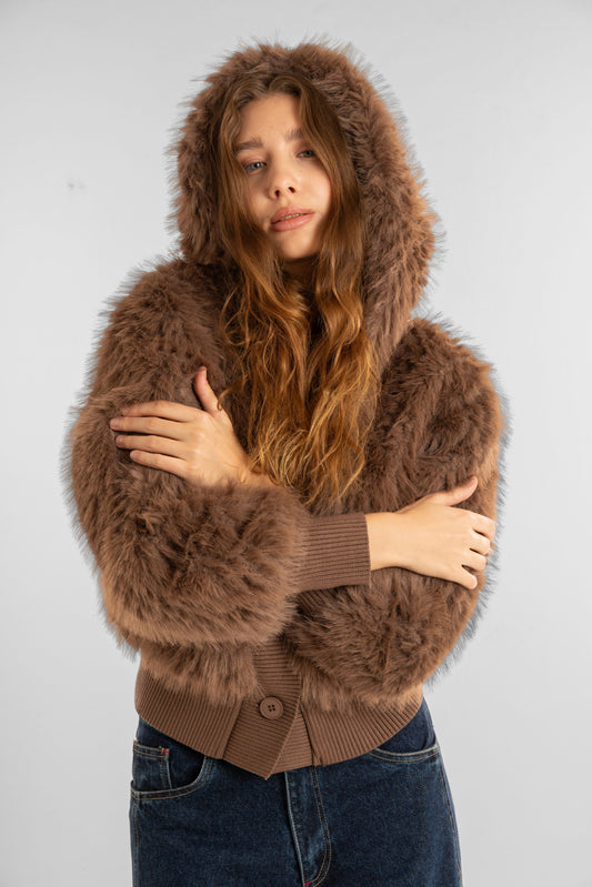 Fur Brown Jacket With Hood
