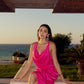 Draped Satin Maxi Dress in Fuchsia Pink.