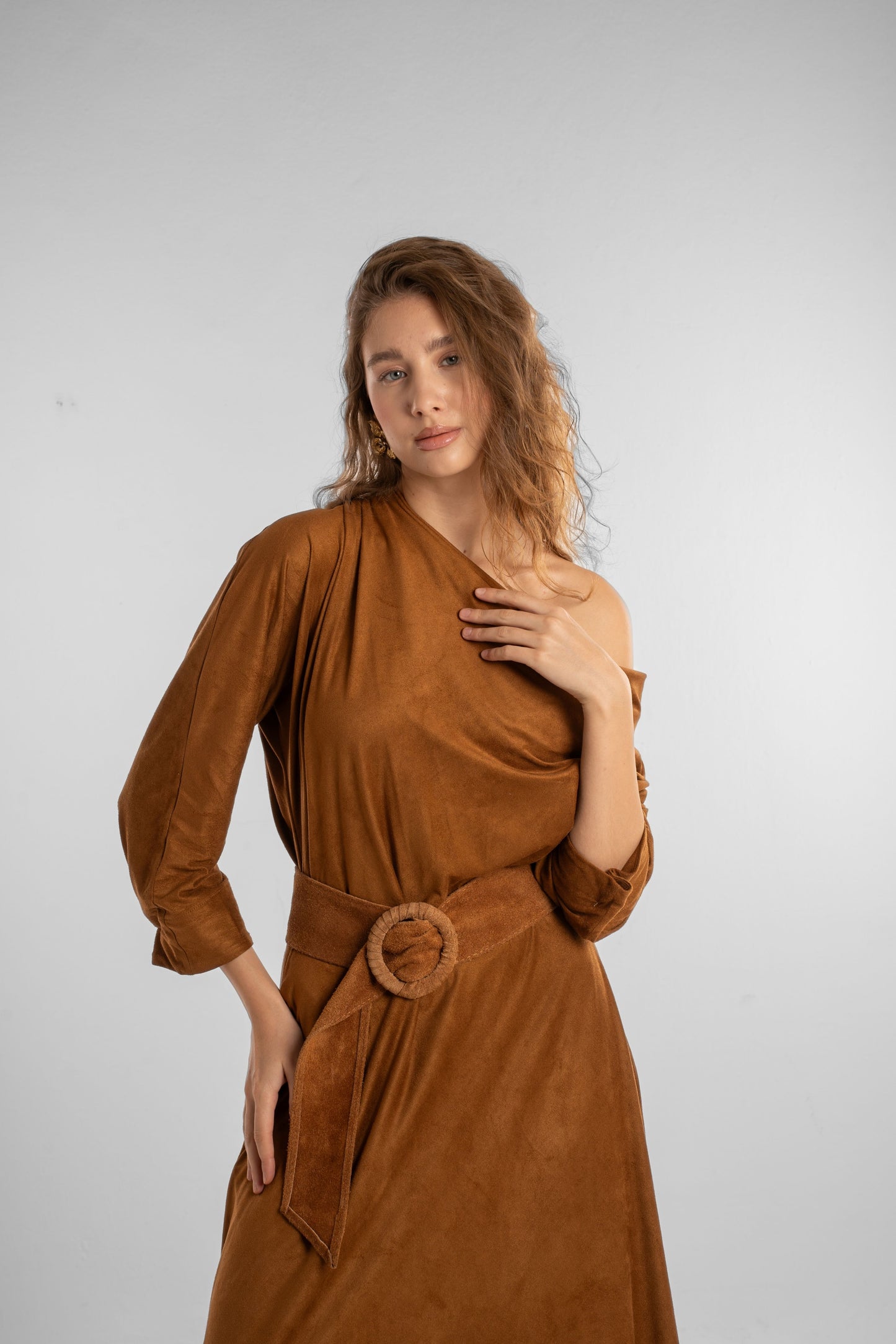 Brown Off-Shoulder Maxi Dress with Belt