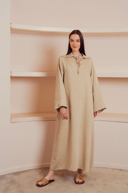 Linen Blend Collared Maxi Dress.