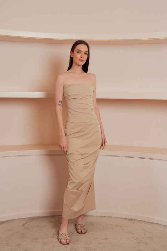 Strapless Ruched Midi Dress.