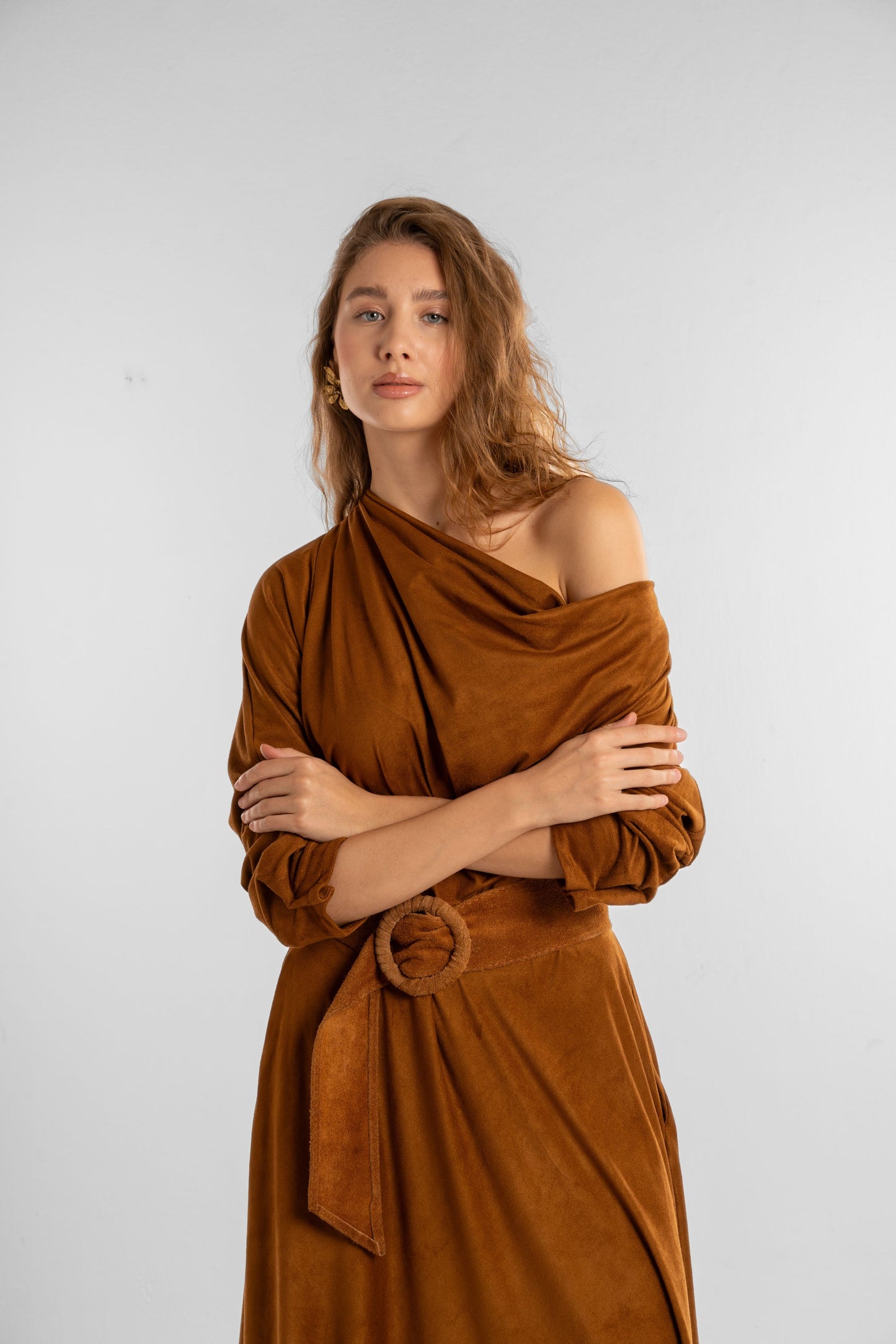 Brown Off-Shoulder Maxi Dress with Belt