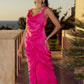 Draped Satin Maxi Dress in Fuchsia Pink.