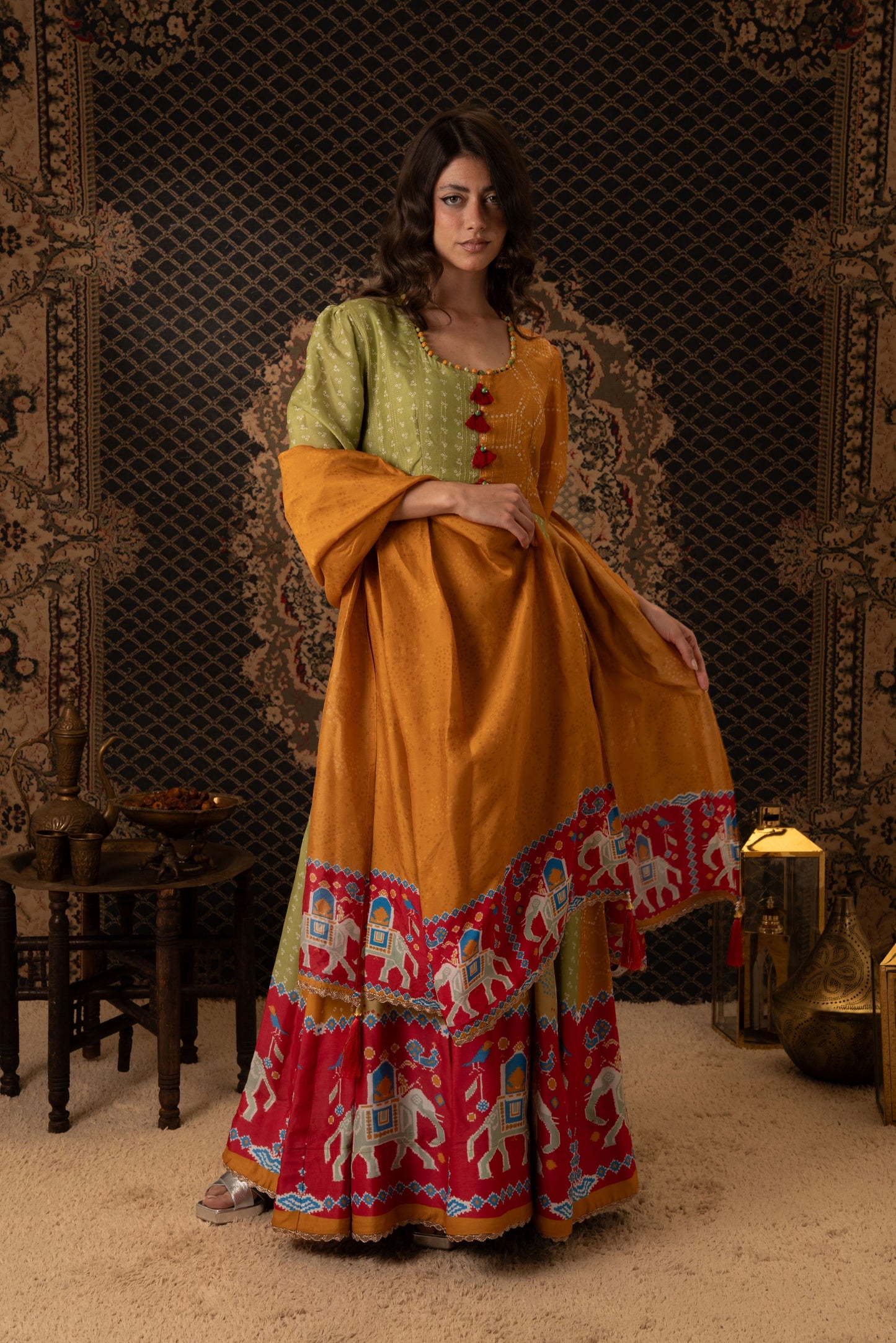 Mustard & Olive Anarkali Dress with Elephant Border Dupatta