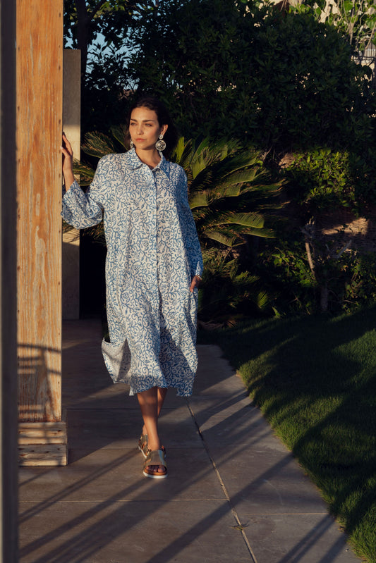 Blue and White Printed Shirt Dress with Pockets