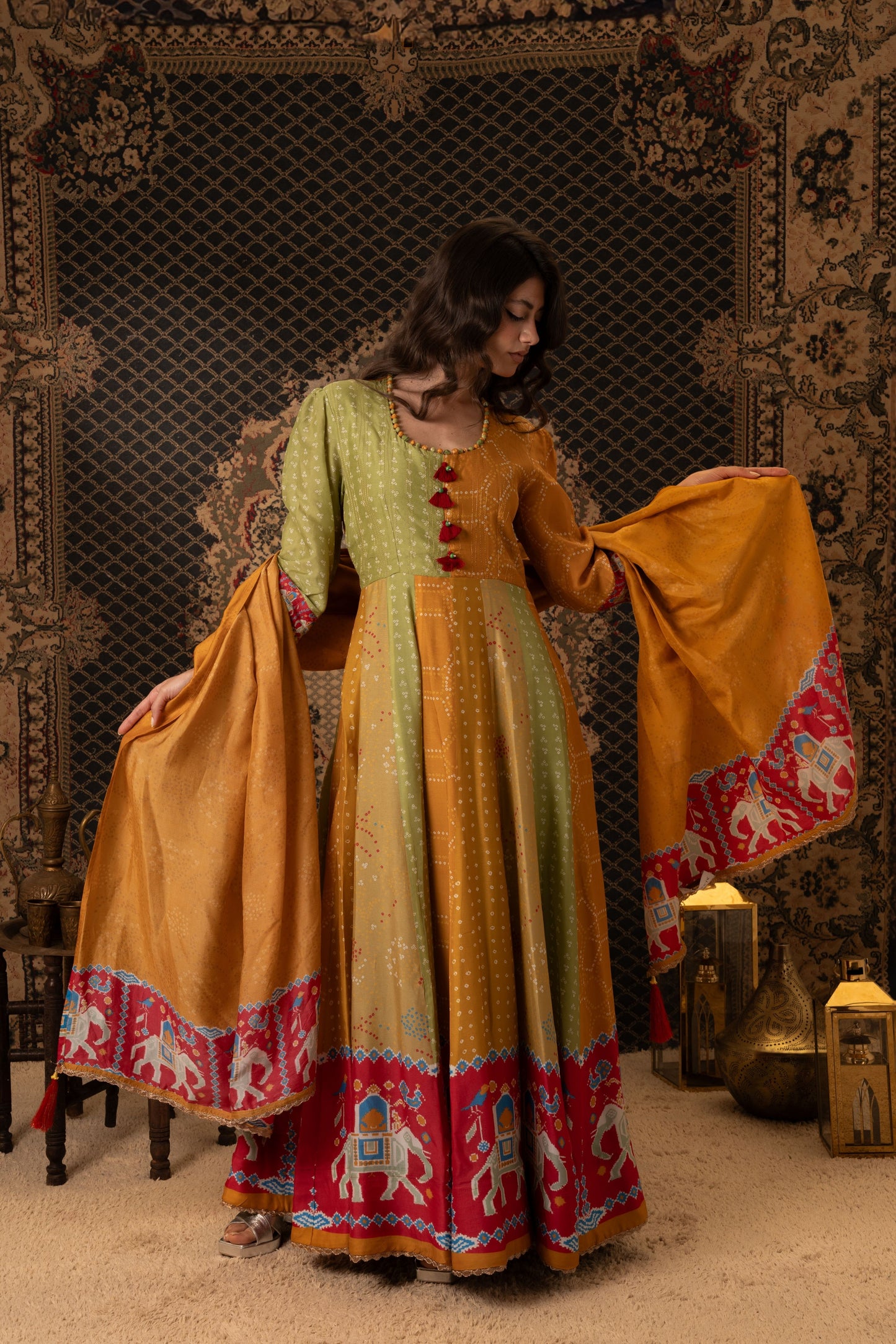 Mustard & Olive Anarkali Dress with Elephant Border Dupatta