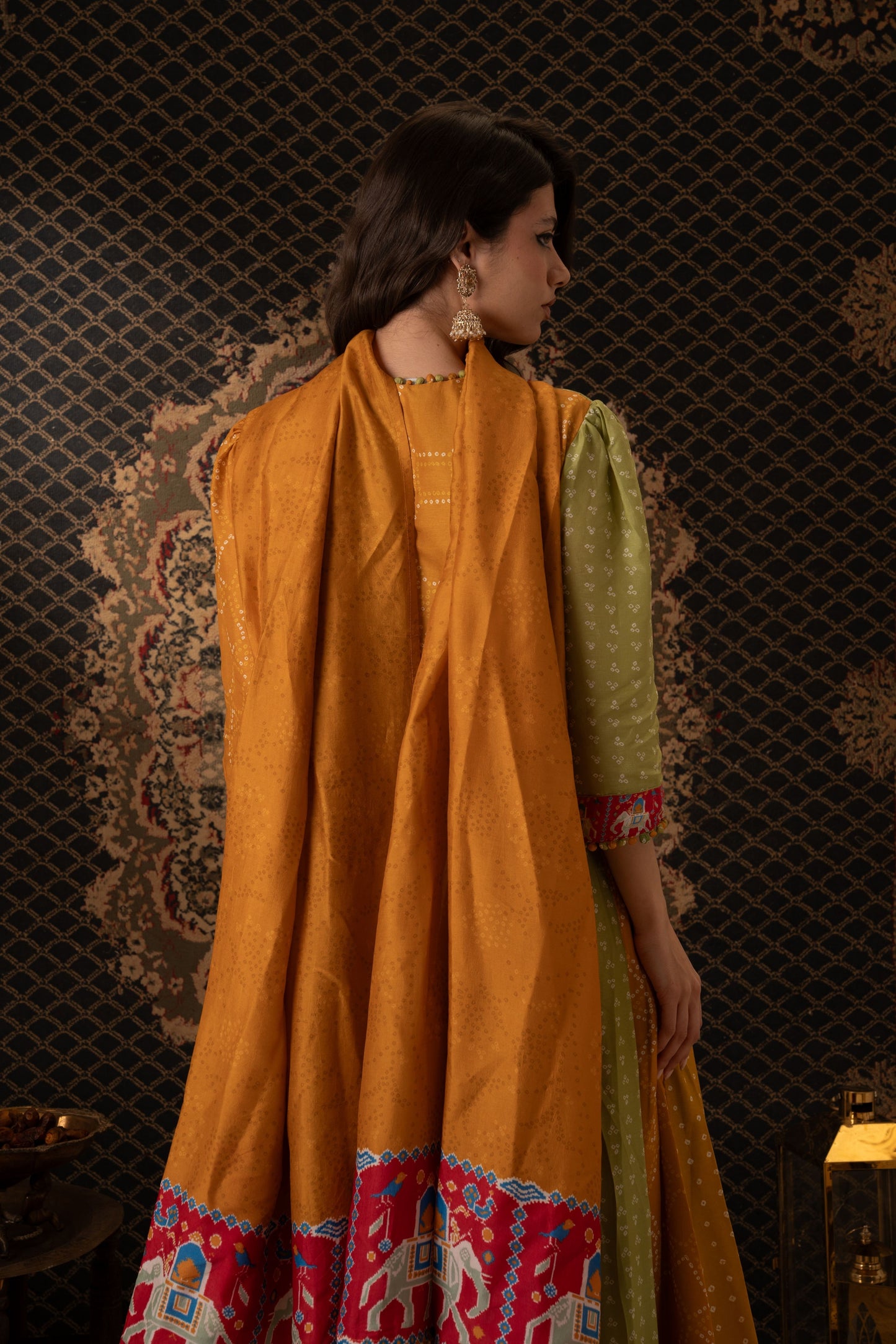 Mustard & Olive Anarkali Dress with Elephant Border Dupatta