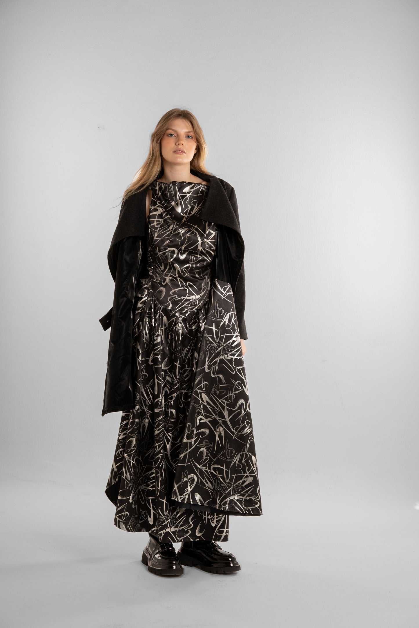 Black Printed Satin Dress