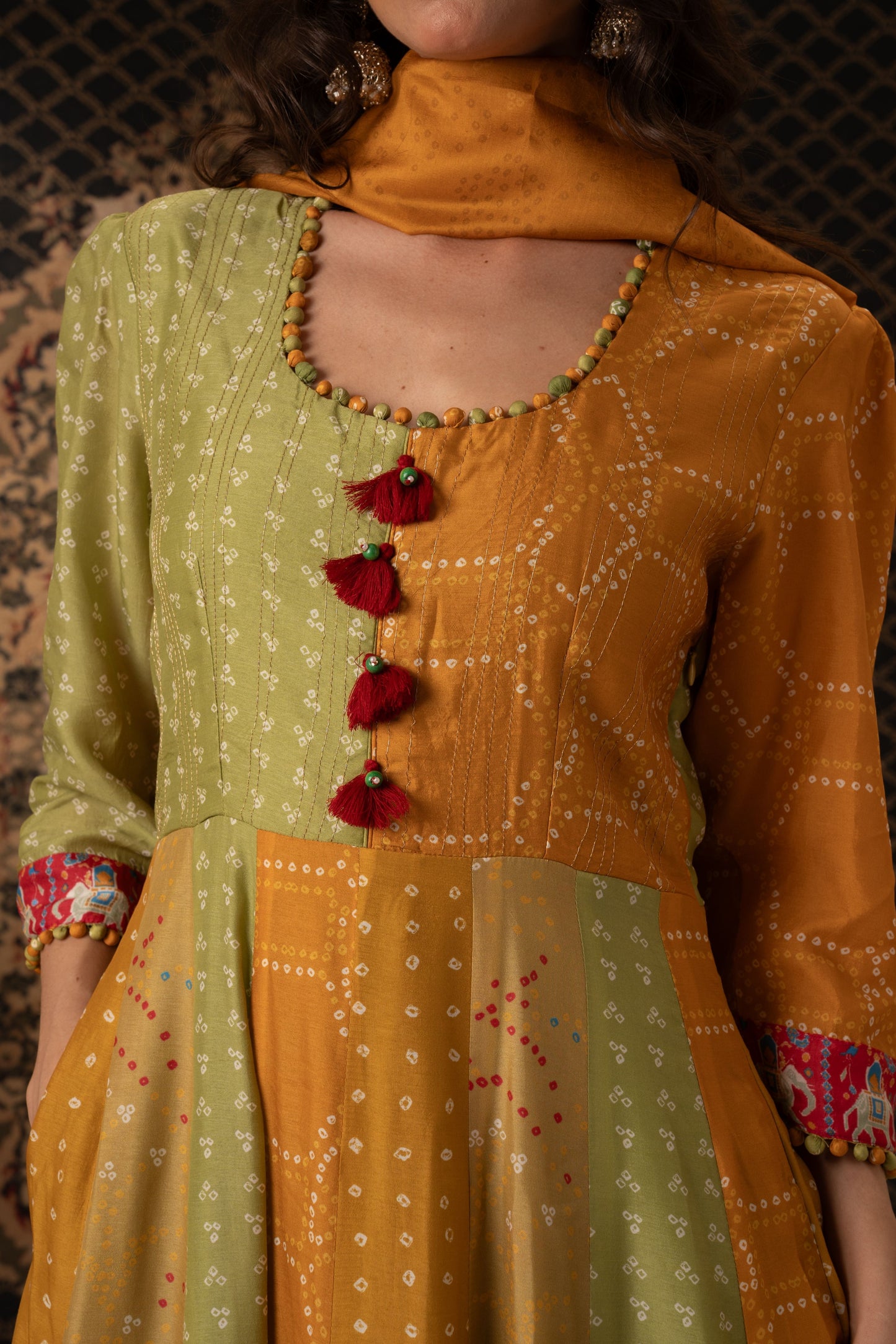 Mustard & Olive Anarkali Dress with Elephant Border Dupatta