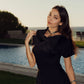 Black Asymmetric Flowing Dress.