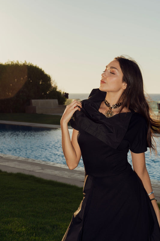 Black Asymmetric Flowing Dress.