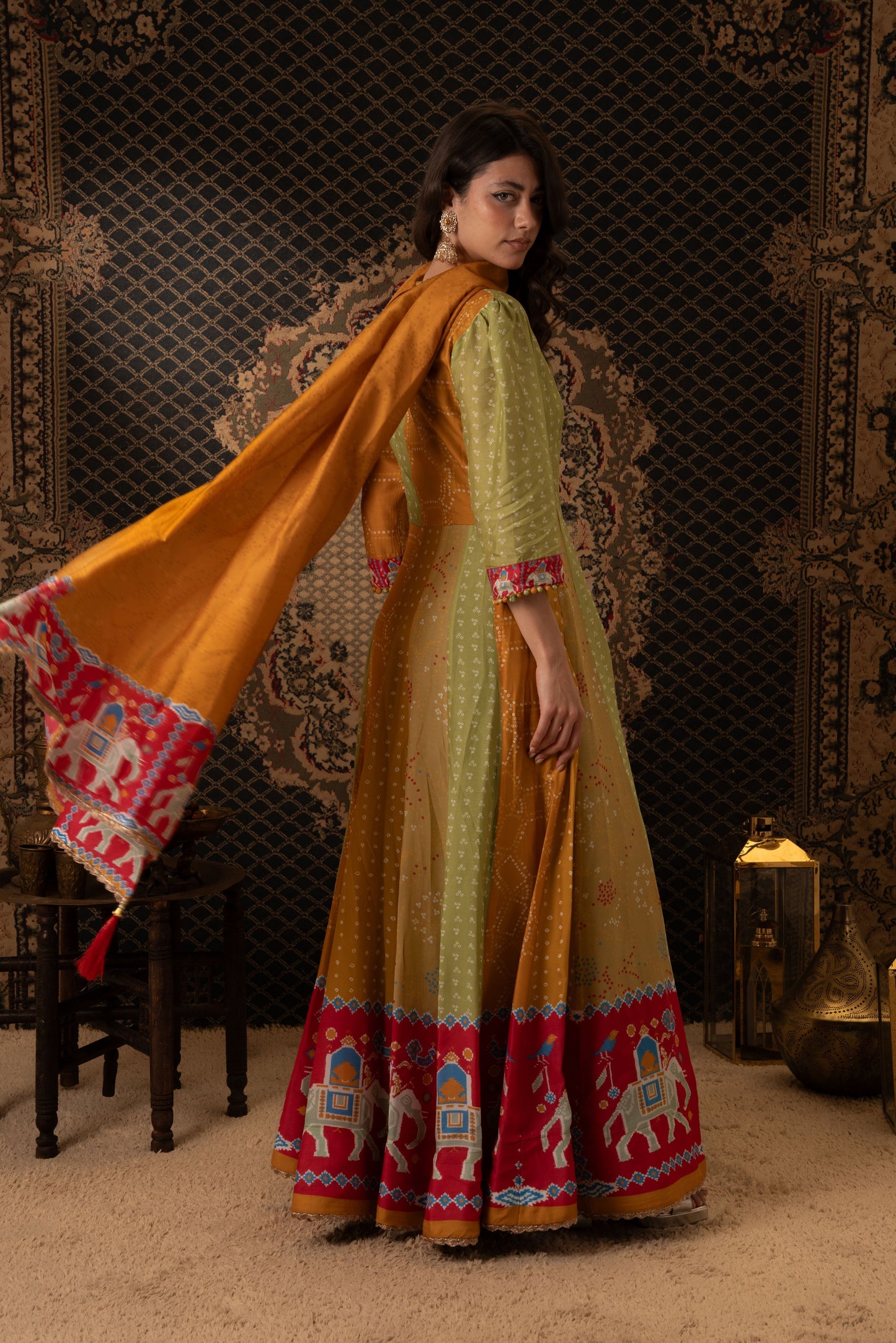 Mustard & Olive Anarkali Dress with Elephant Border Dupatta