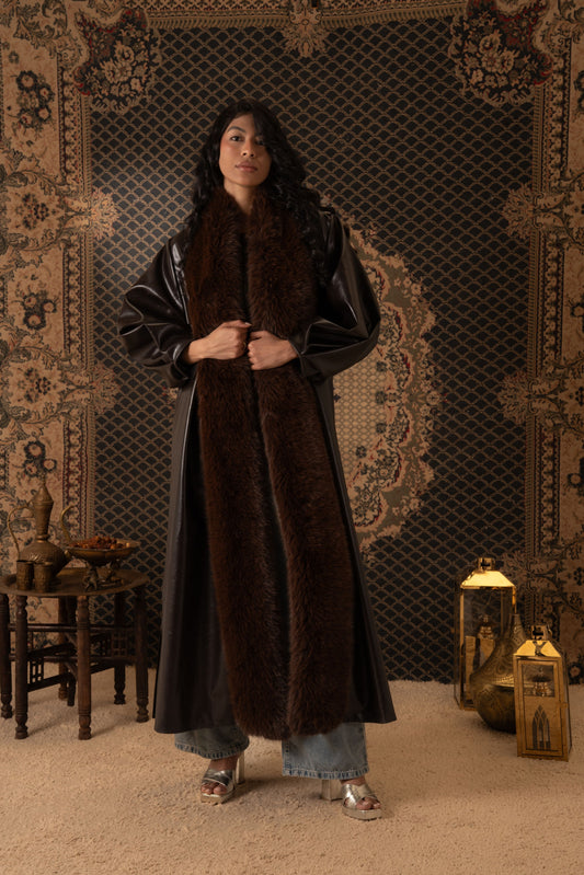 Luxury Brown Leather Coat with Fur Trim