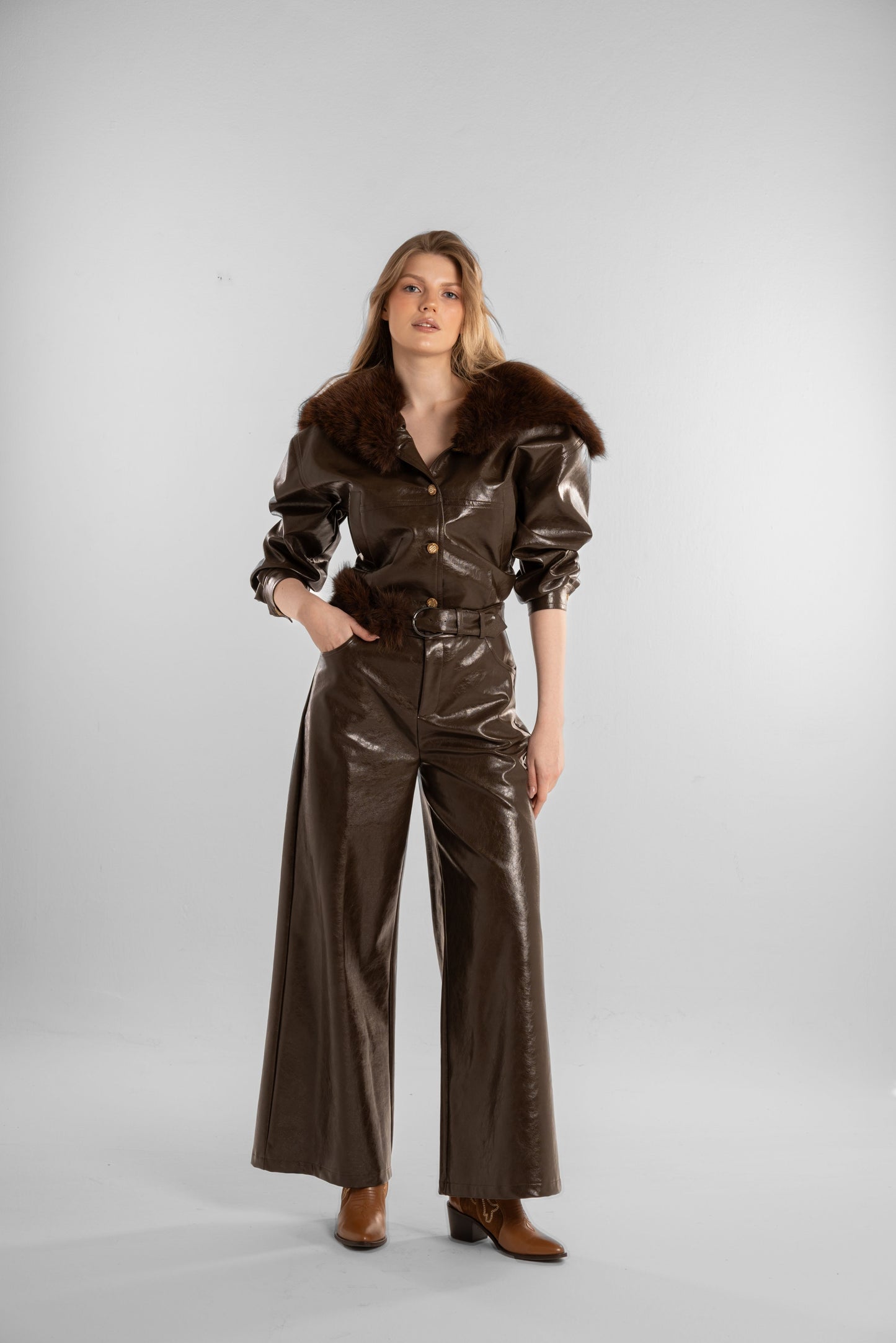 Brown Faux-Leather Jacket with Fur Collar