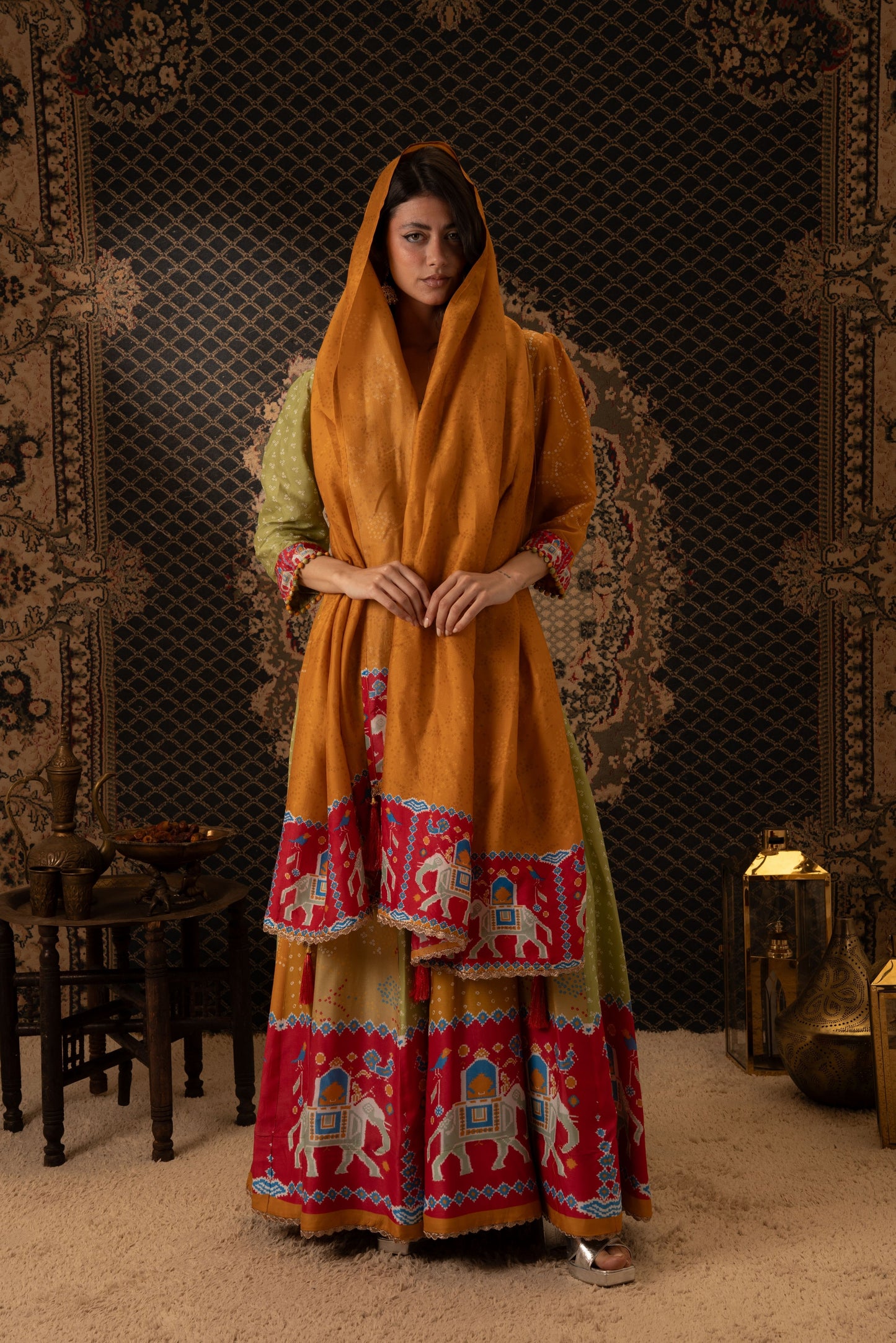 Mustard & Olive Anarkali Dress with Elephant Border Dupatta