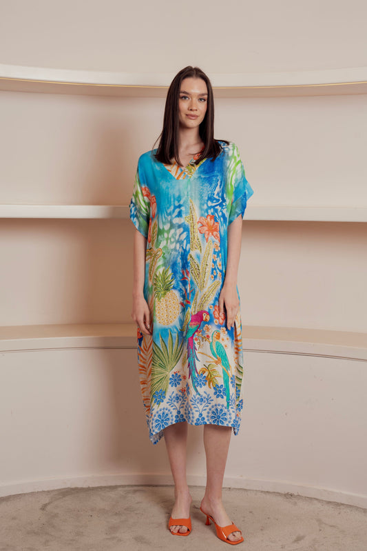 Tropical Dress with vibrant parrot print.