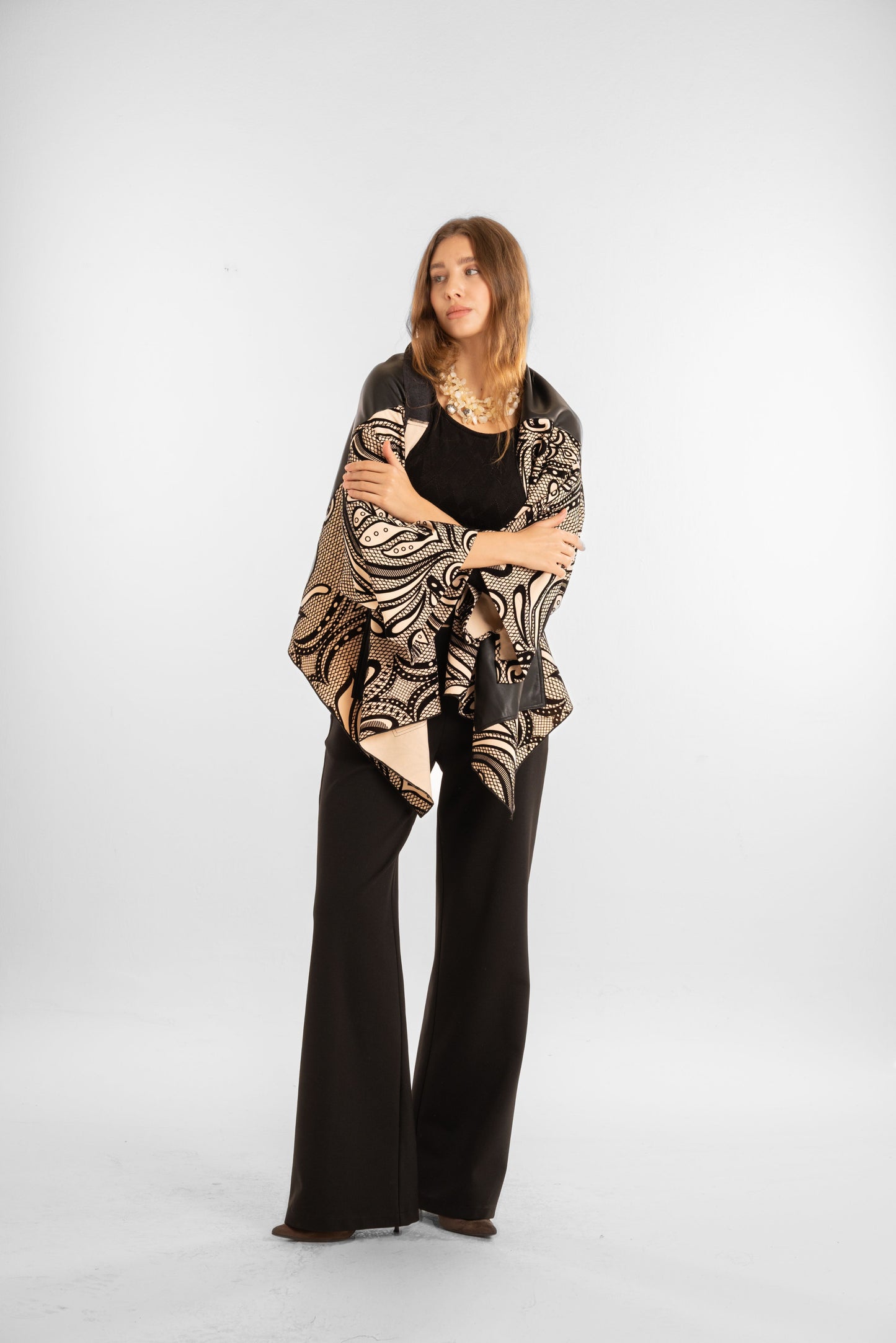 Short Printed Shawl with Gold Accents