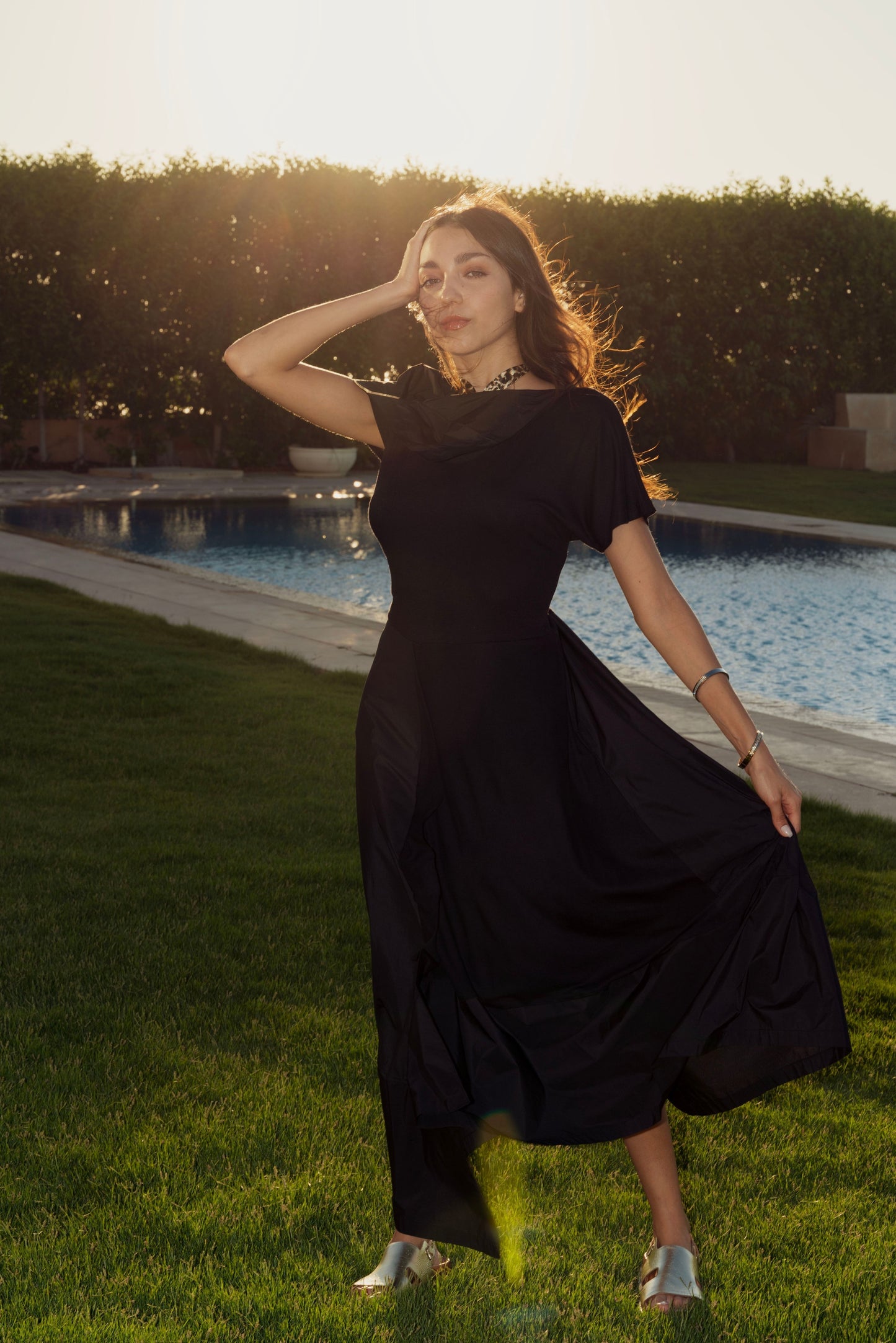 Black Asymmetric Flowing Dress.