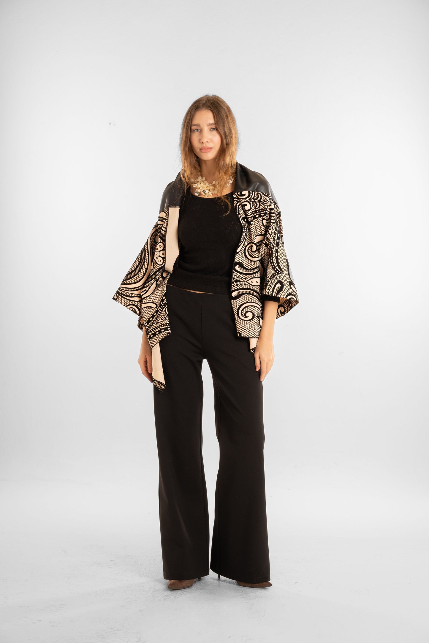 Short Printed Shawl with Gold Accents