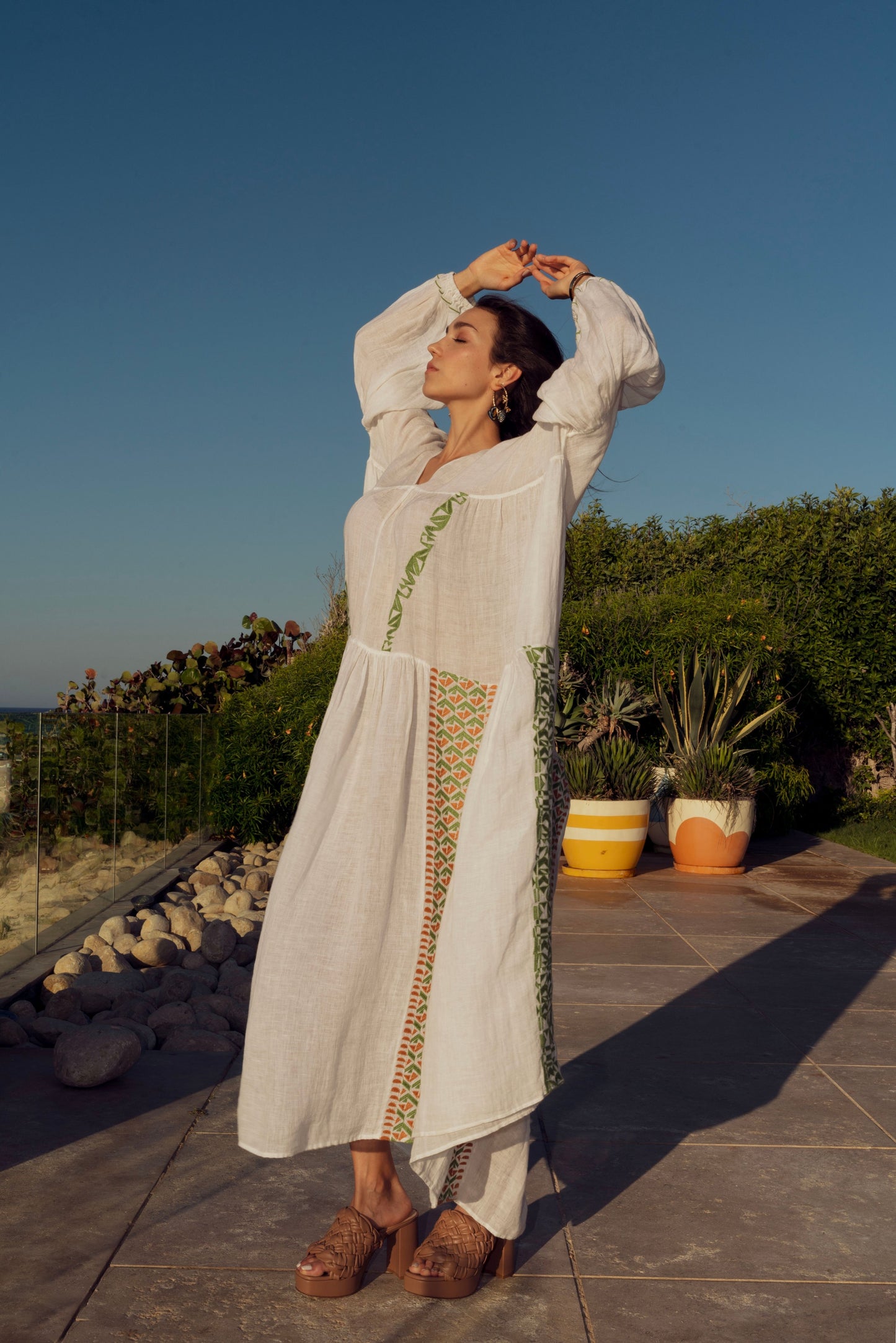 White Linen Dress with Colorful Geometric Embroidery.