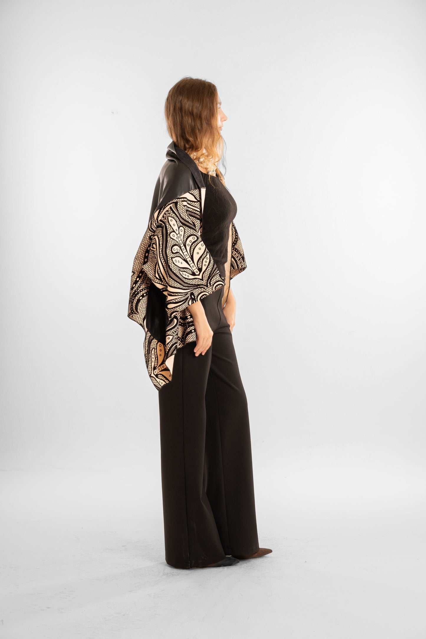 Short Printed Shawl with Gold Accents