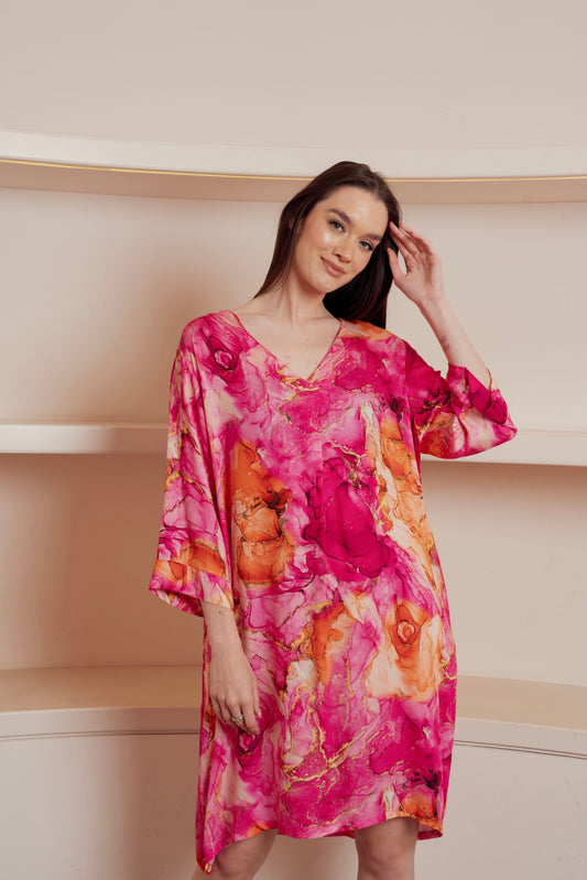 Pink and orange abstract floral dress.