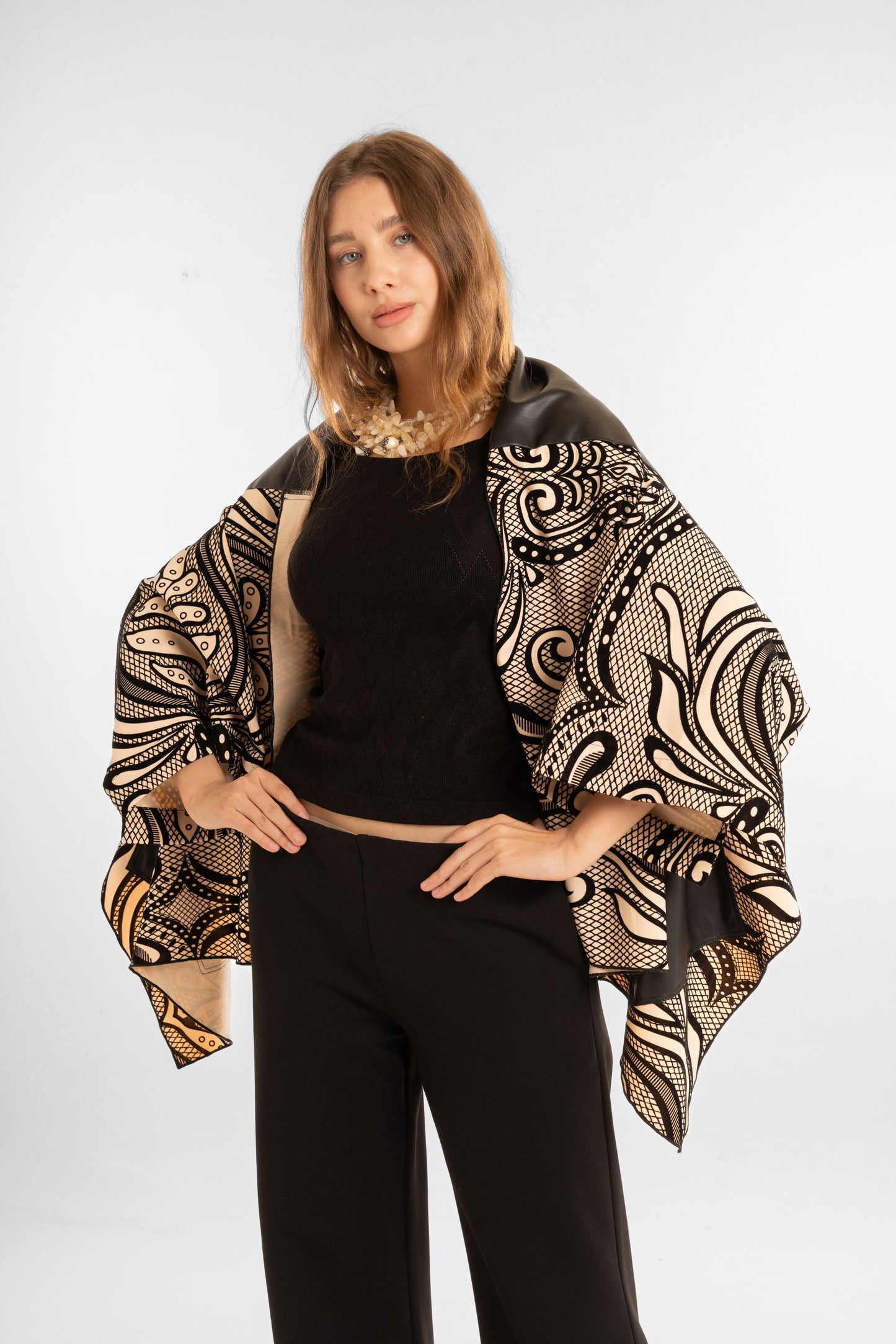 Short Printed Shawl with Gold Accents