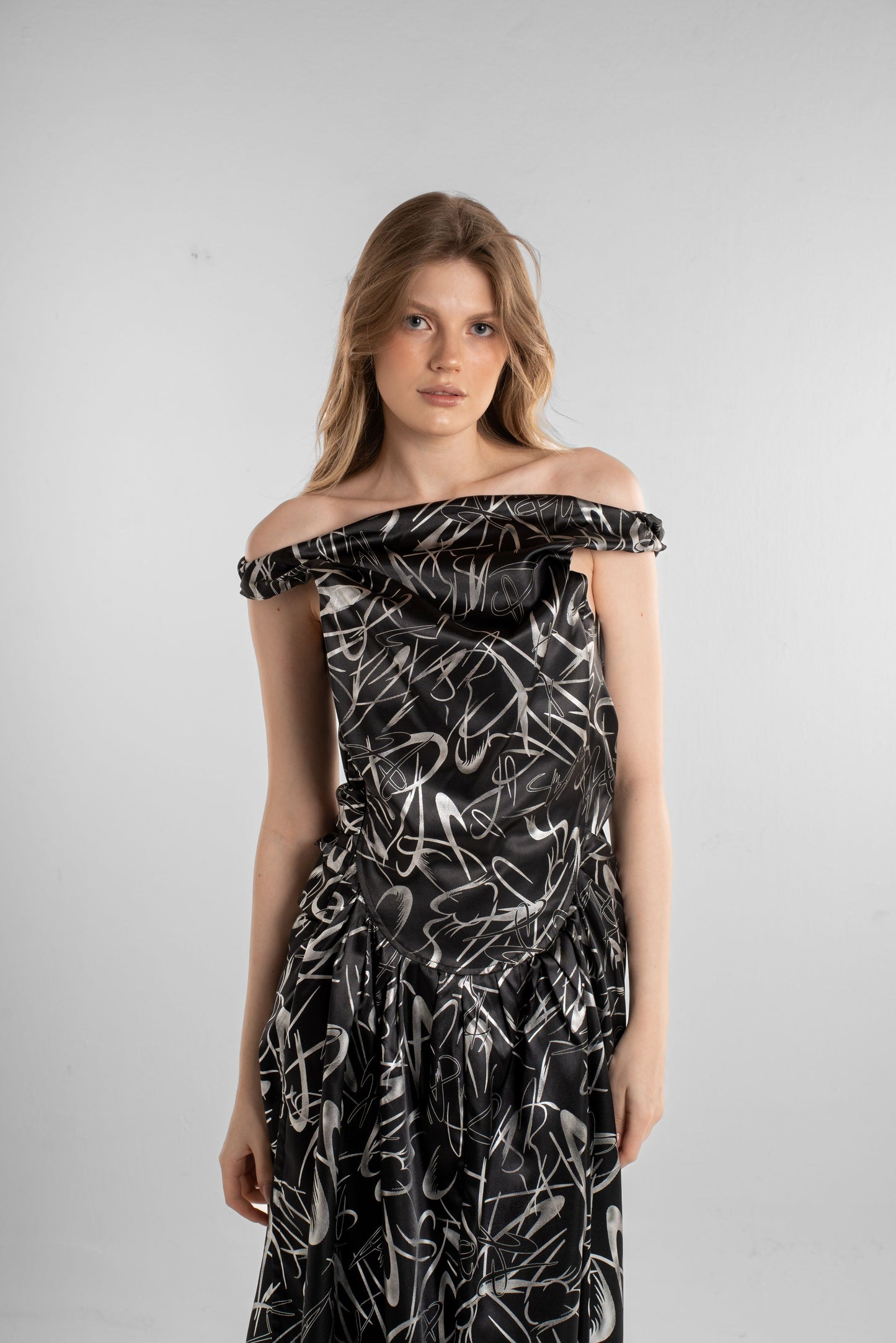Black Printed Satin Dress