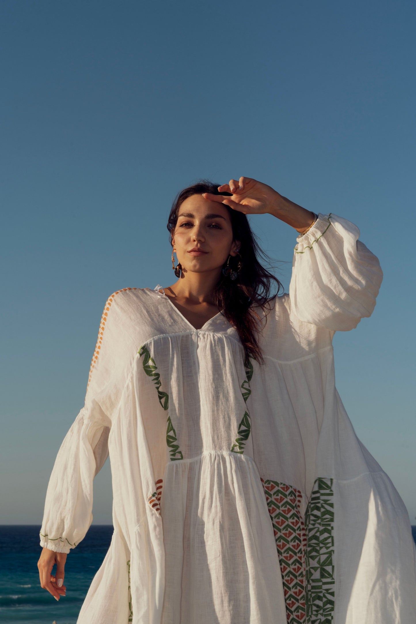 White Linen Dress with Colorful Geometric Embroidery.
