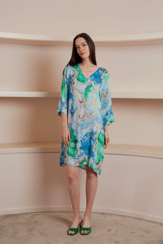 Blue and green marble-print kaftan dress.