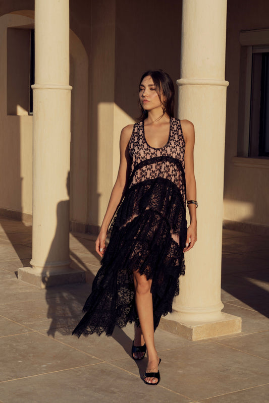 Sheer Elegance Asymmetrical Black Lace Dress.