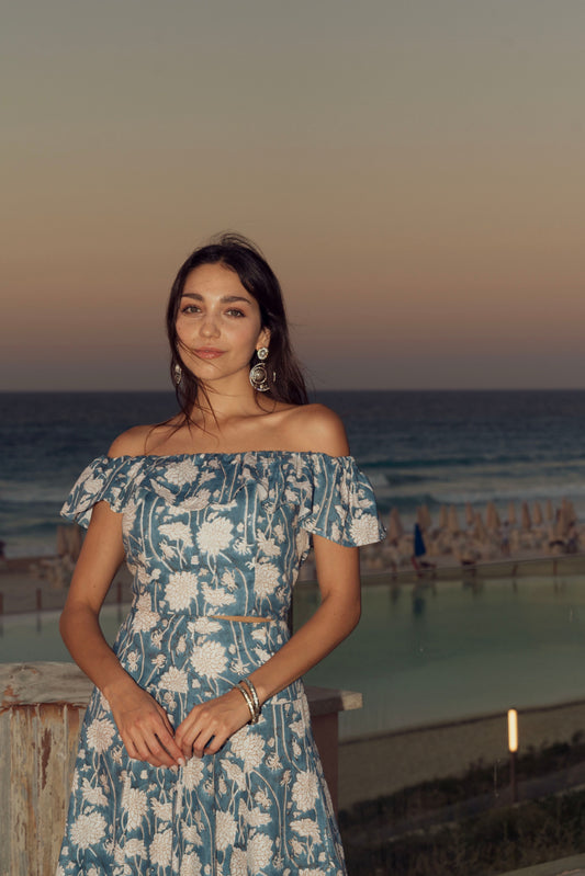 off-shoulder Blue top