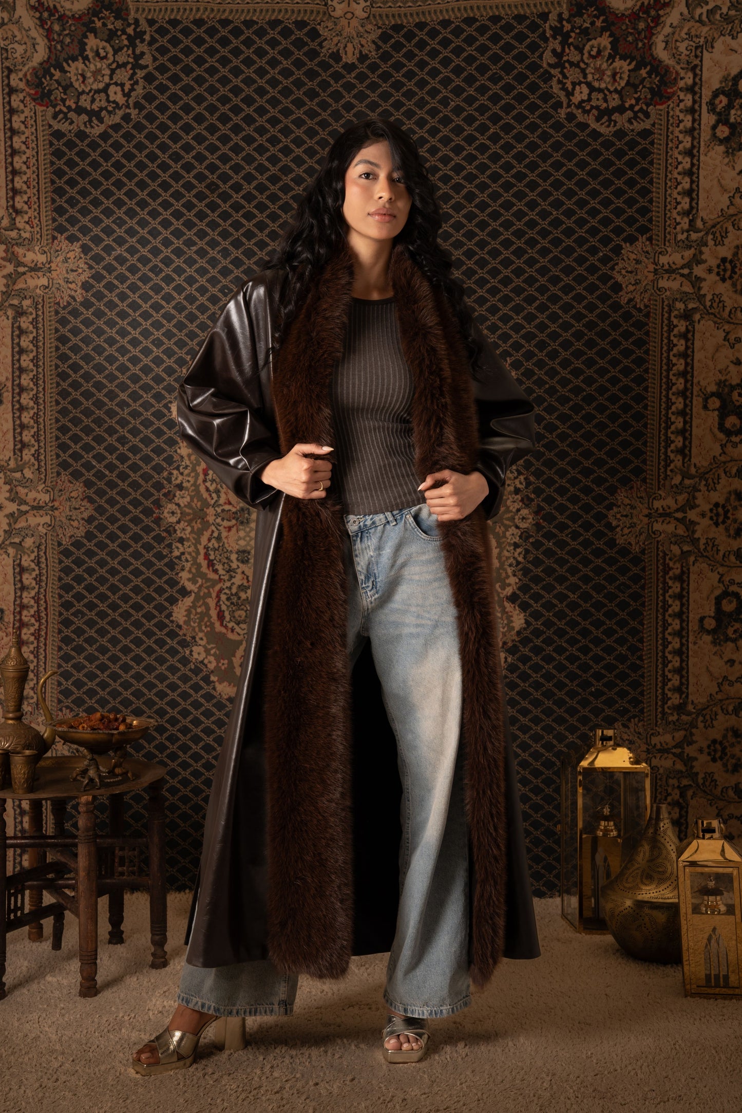 Luxury Brown Leather Coat with Fur Trim