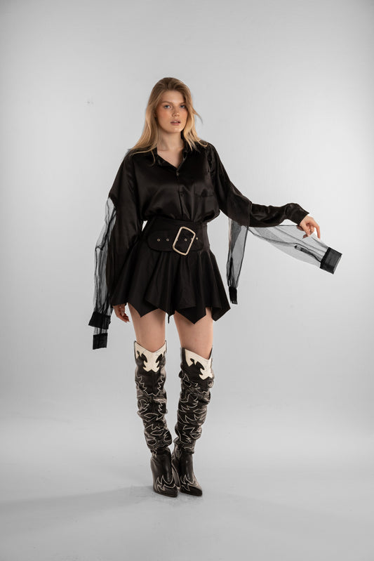 Black Satin Mesh-Sleeve Top with High