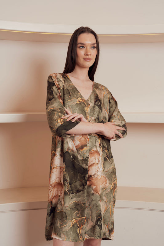 marble-print kaftan dress.