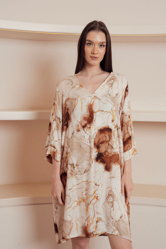 Marble-print kaftan dress.