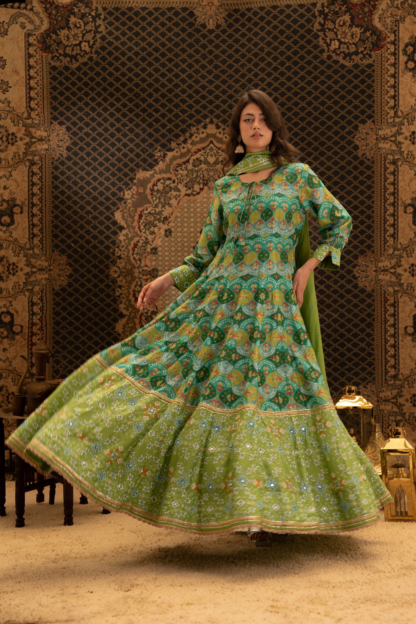Green Anarkali Dress with Elephant Border Dupatta