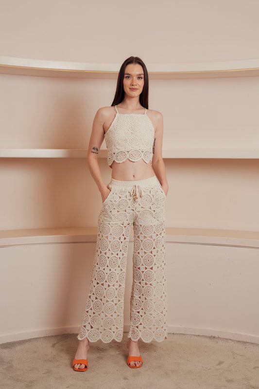 Beige crochet halter crop top.