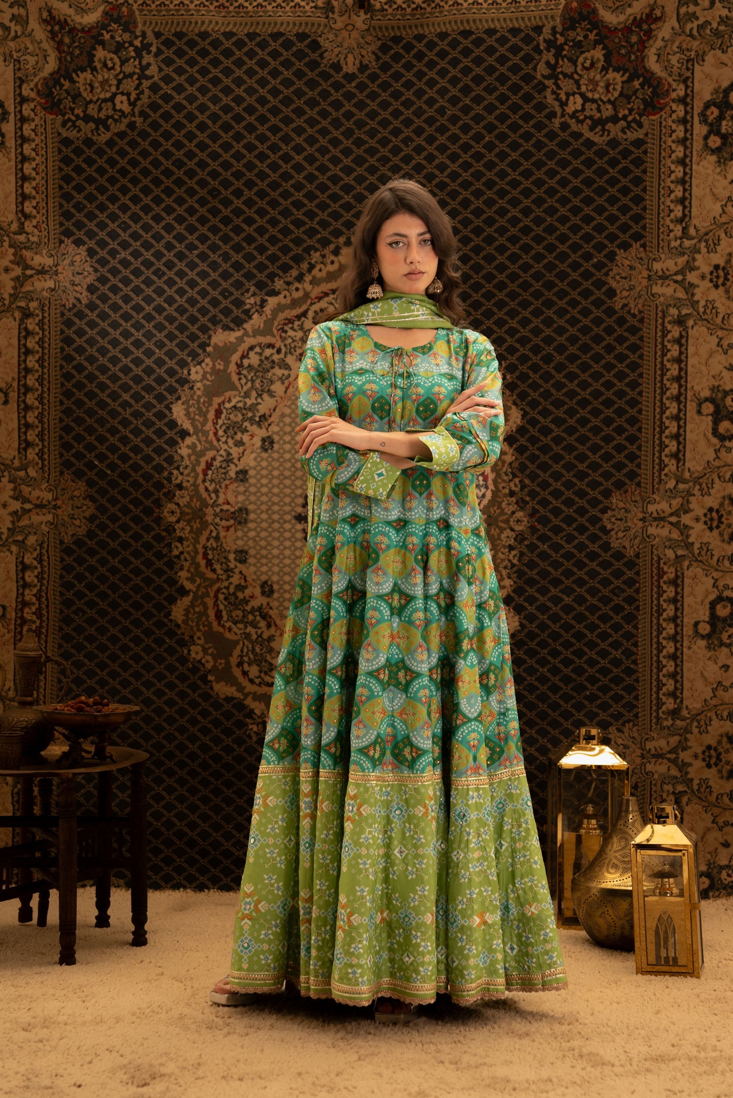 Green Anarkali Dress with Elephant Border Dupatta