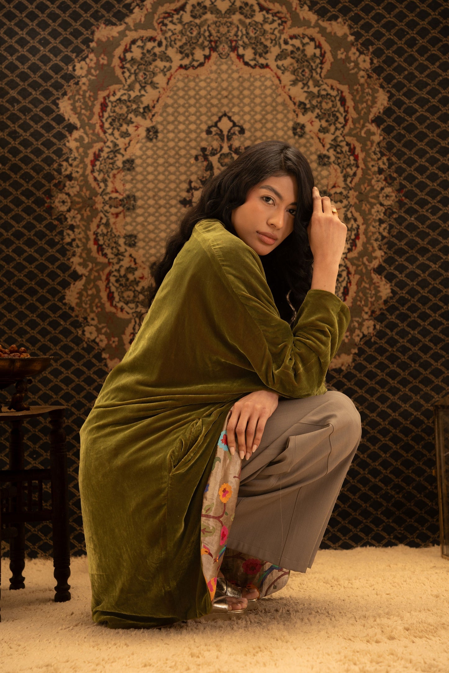Olive Double-Faced Velvet Kaftan
