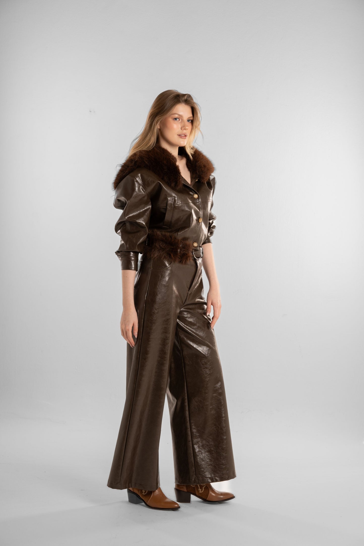 Brown Faux-Leather Jacket with Fur Collar