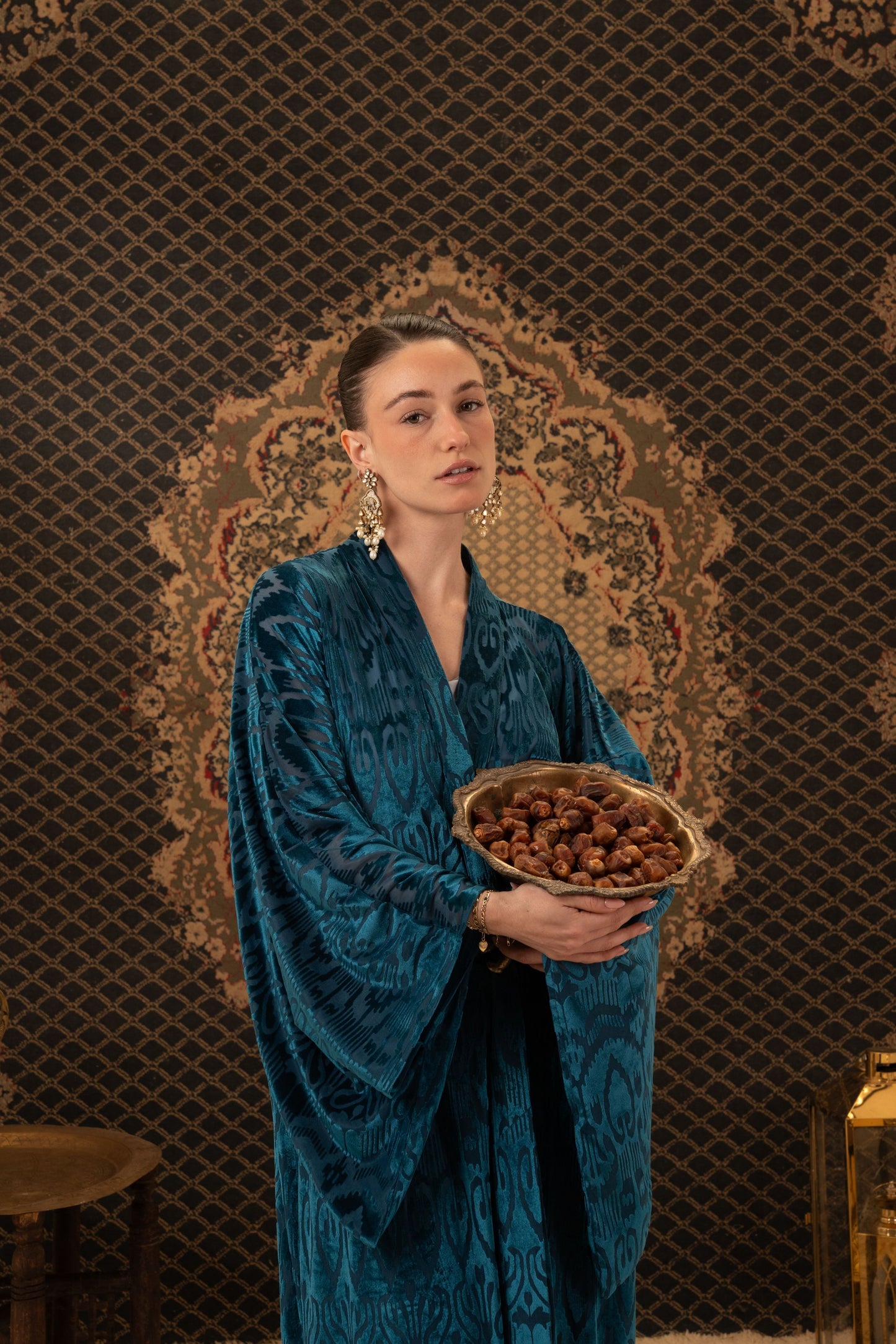 Teal Printed Velvet Kaftan