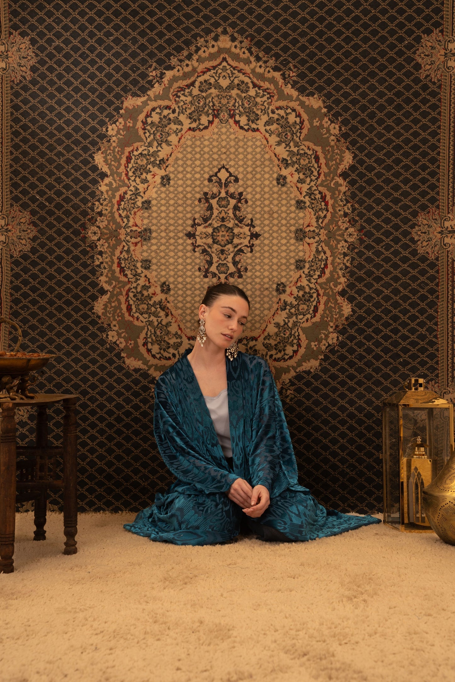 Teal Printed Velvet Kaftan